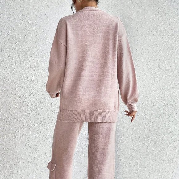 Pink Casual Womens Drop Shoulder Cardigan & Tie Front Knit Pants - Picture 2 of 6